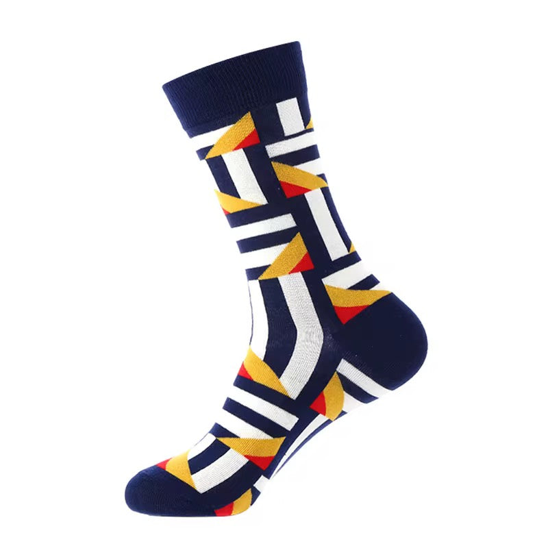 Colorful geometric-patterned sock on a white background