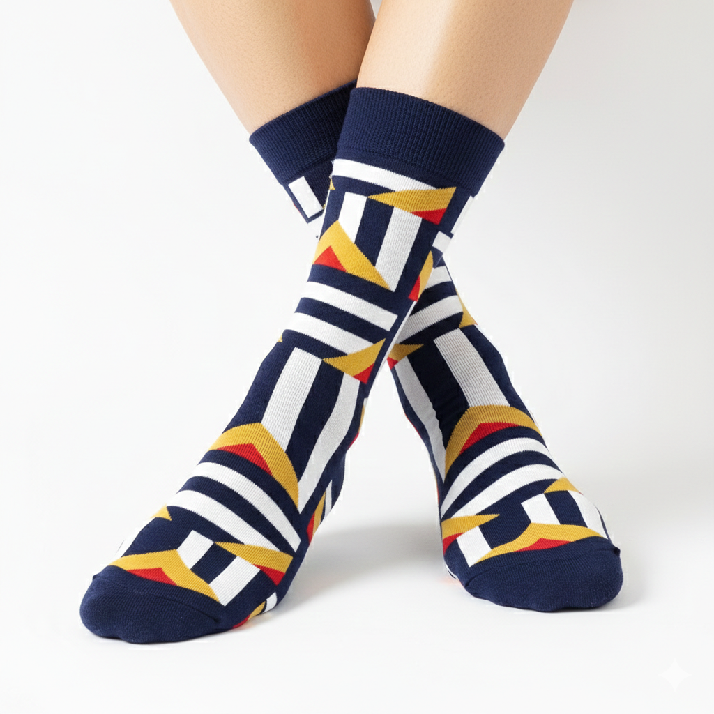 Colorful geometric-patterned socks on a white background
