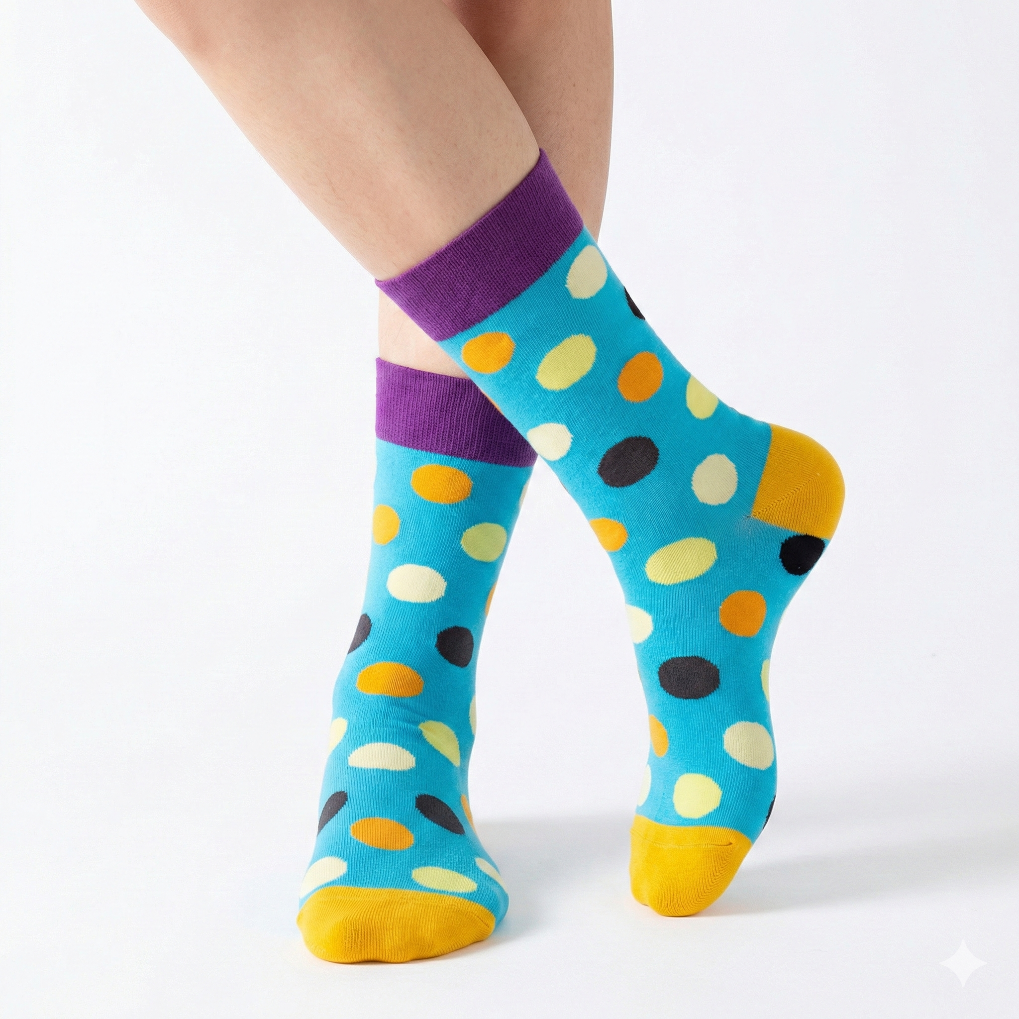 Colorful polka dot socks with purple cuffs on a white background