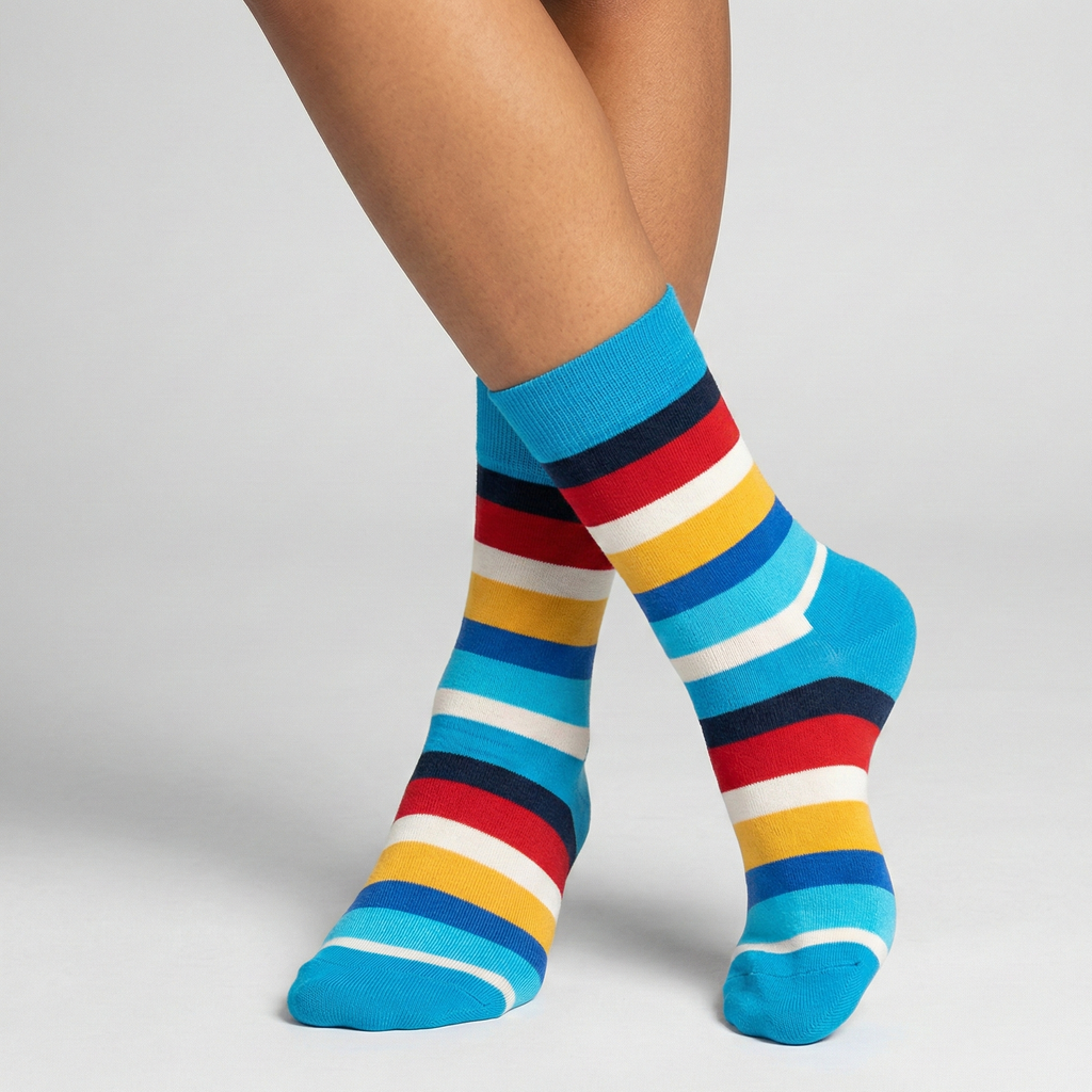 Colorful striped socks on a plain background