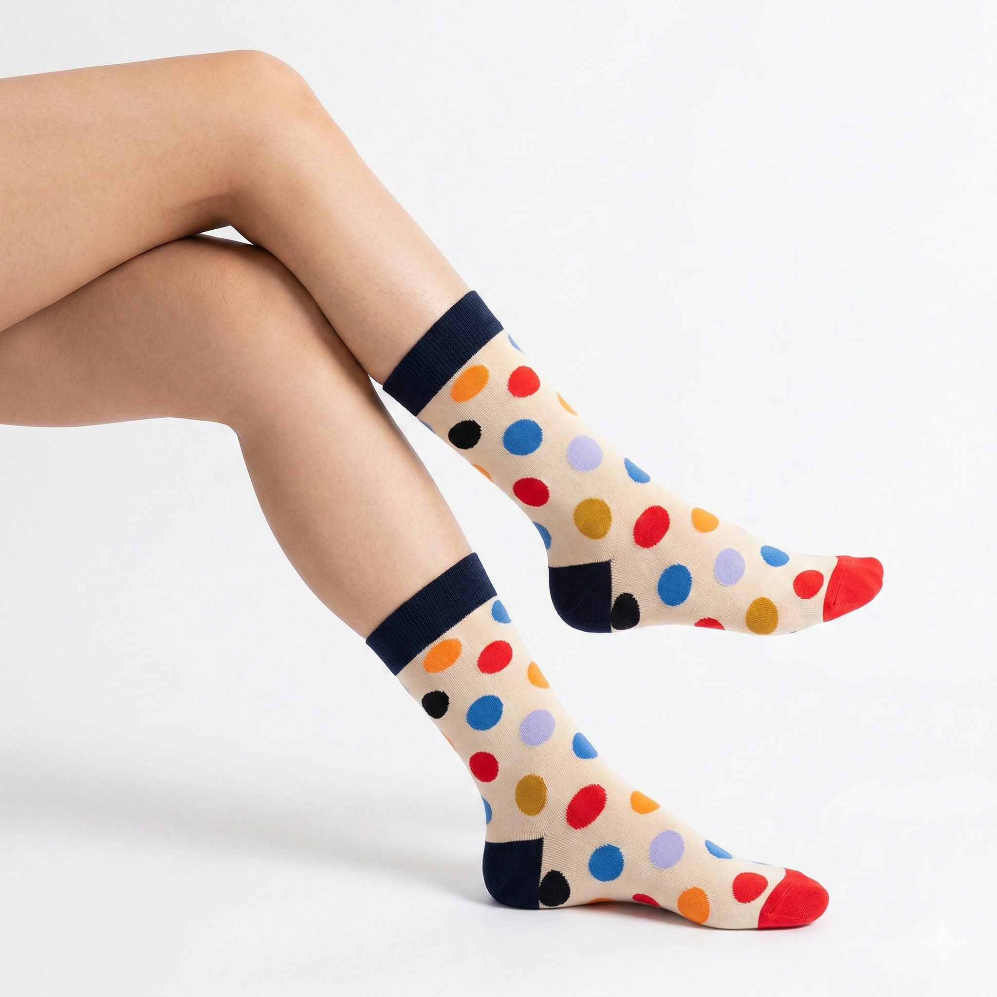 Colorful polka dot socks worn by a person on a white background