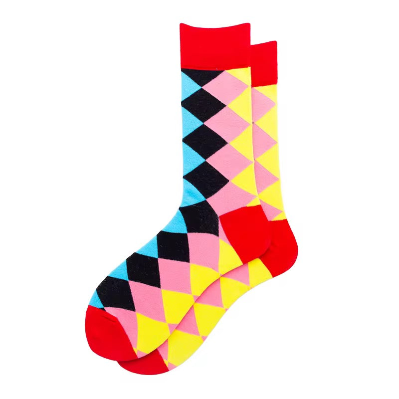 Colorful diamond-patterned sock on a white background