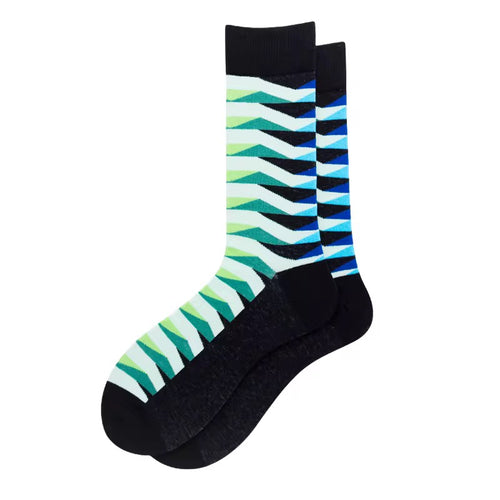 Pair of socks with green and blue striped pattern on a white background