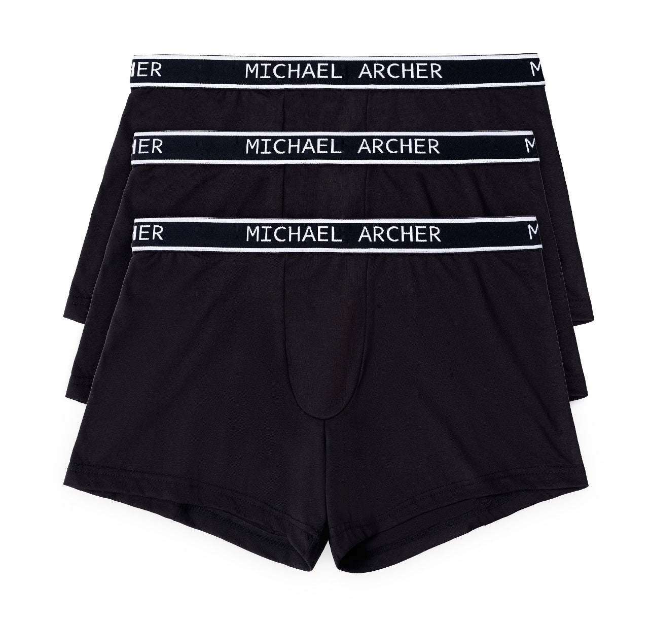 Three black boxer briefs with 'Michael Archer' waistband on a white background