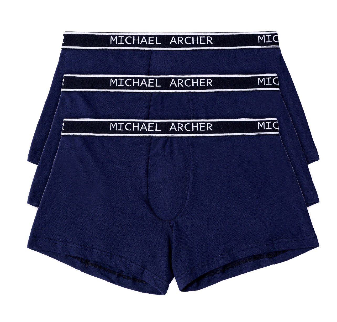 Three pairs of navy blue boxer briefs with 'Michael Archer' branding on the waistband.