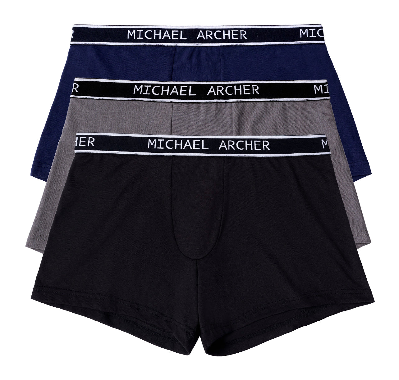 Three pairs of men's boxer shorts in black, gray, and navy with 'Michael Archer' waistbands on a white background.