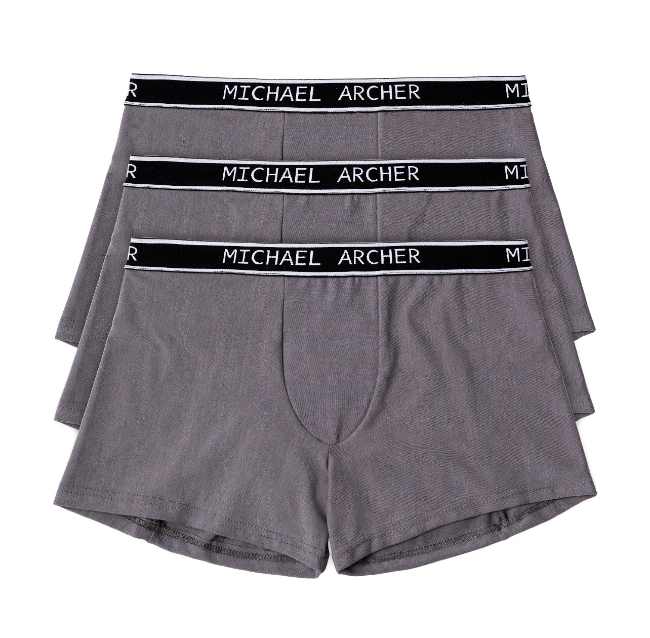 Three pairs of gray boxer briefs with 'Michael Archer' waistbands on a white background