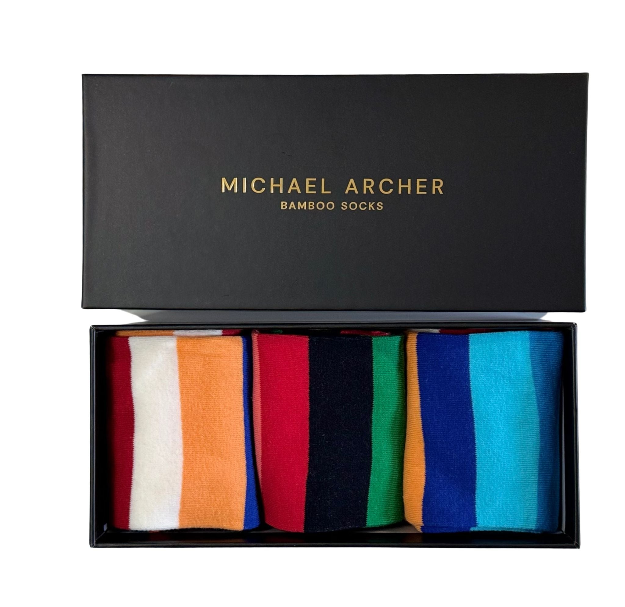 Box of Michael Archer socks with colorful striped design