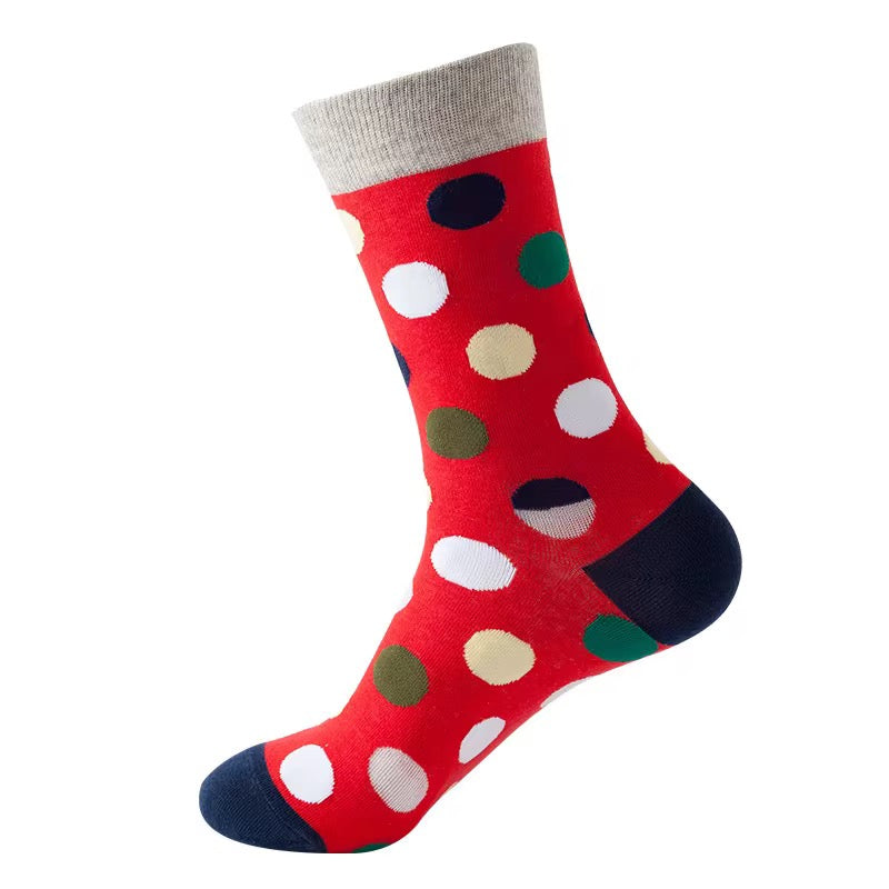 Red sock with colorful polka dots on a white background