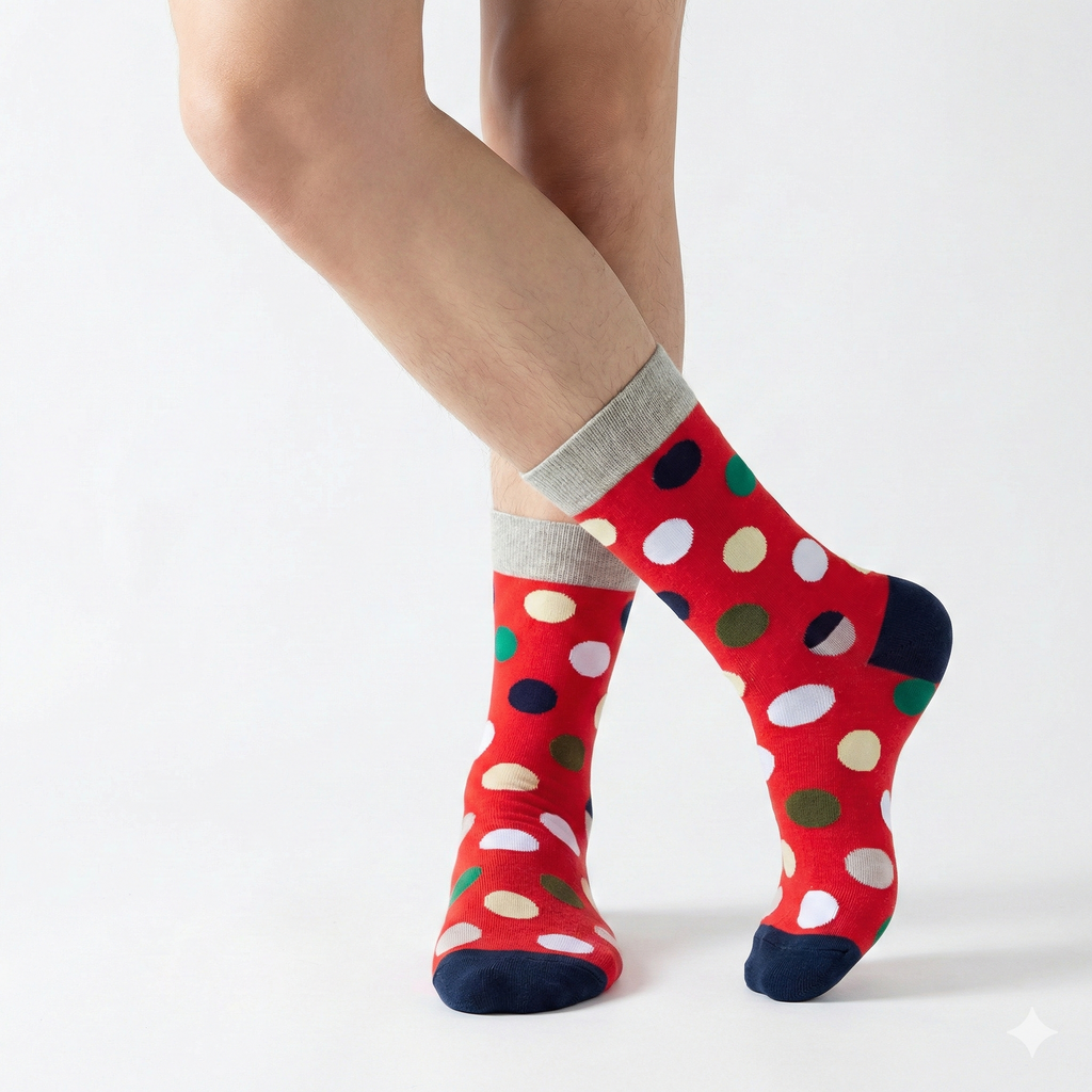Red polka dot socks worn by a person on a white background