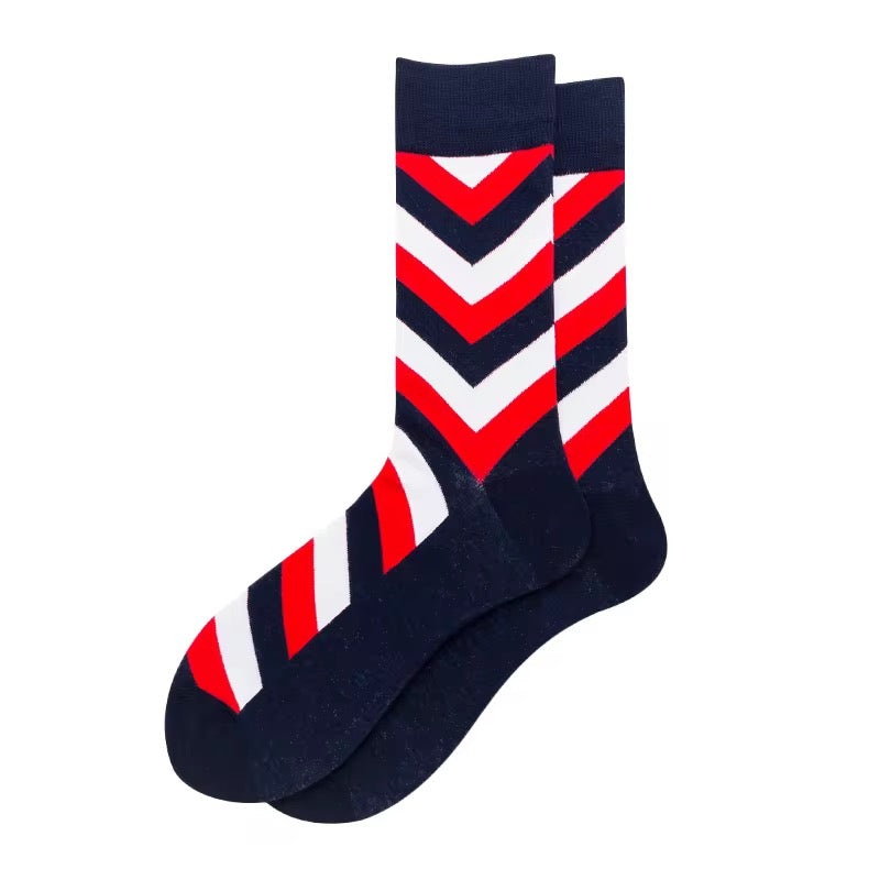Navy blue socks with red and white chevron pattern on a white background