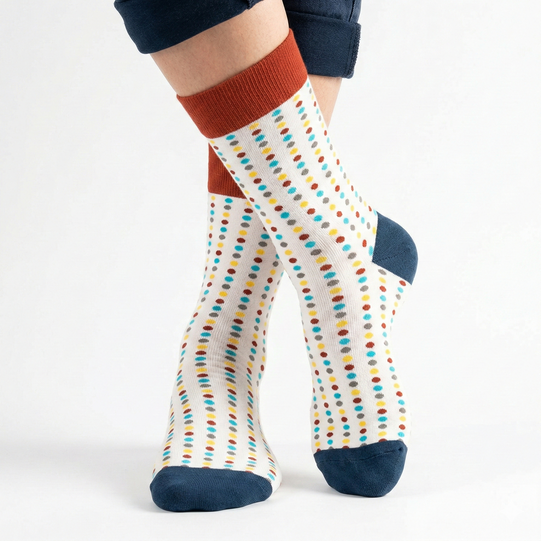 Colorful polka dot socks with a white background