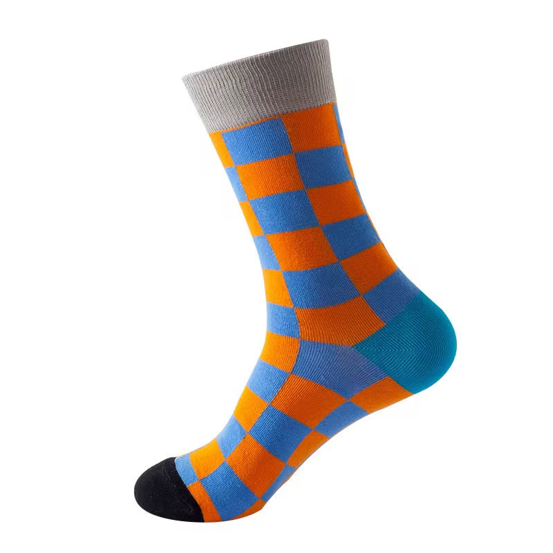 Colorful checkered sock with gray cuff on a white background