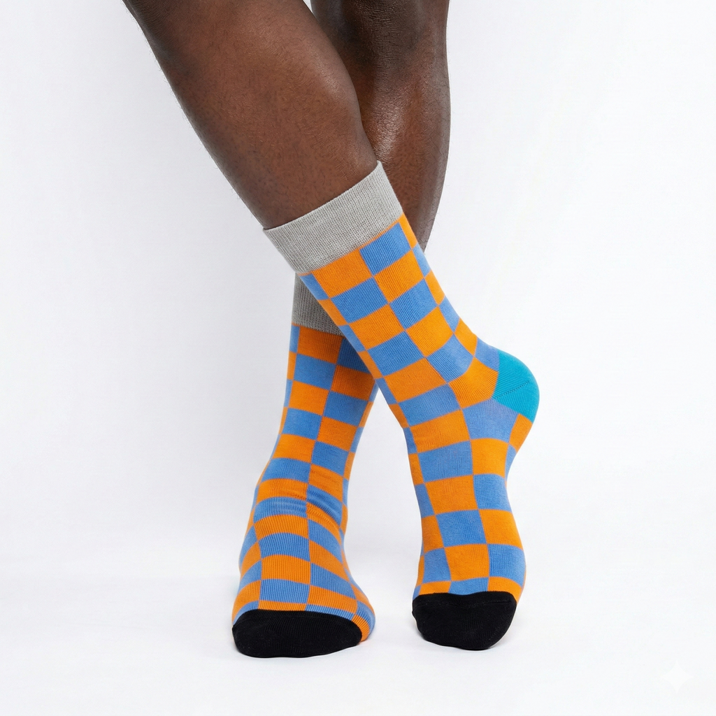 Checkered socks with orange and blue pattern worn by a person on a white background