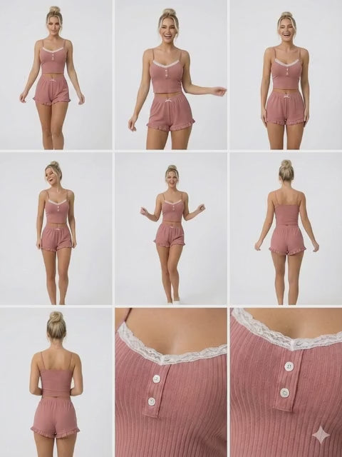 Woman dancing in ribbed pajamas set
